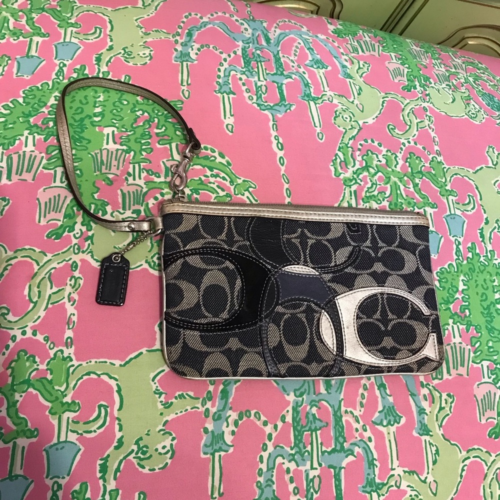 Coach Denim Blue Canvas Silver Leather Large Wristlet Charm C Logo Appliqué